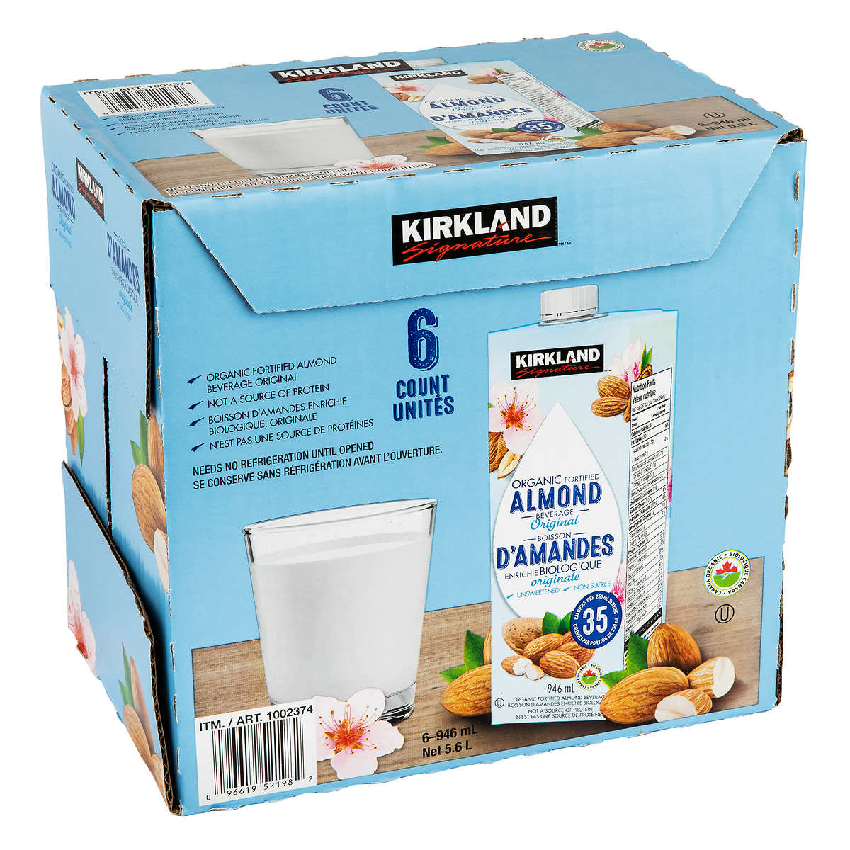 Kirkland Organic Almond Beverage Orig 6 X 946ml