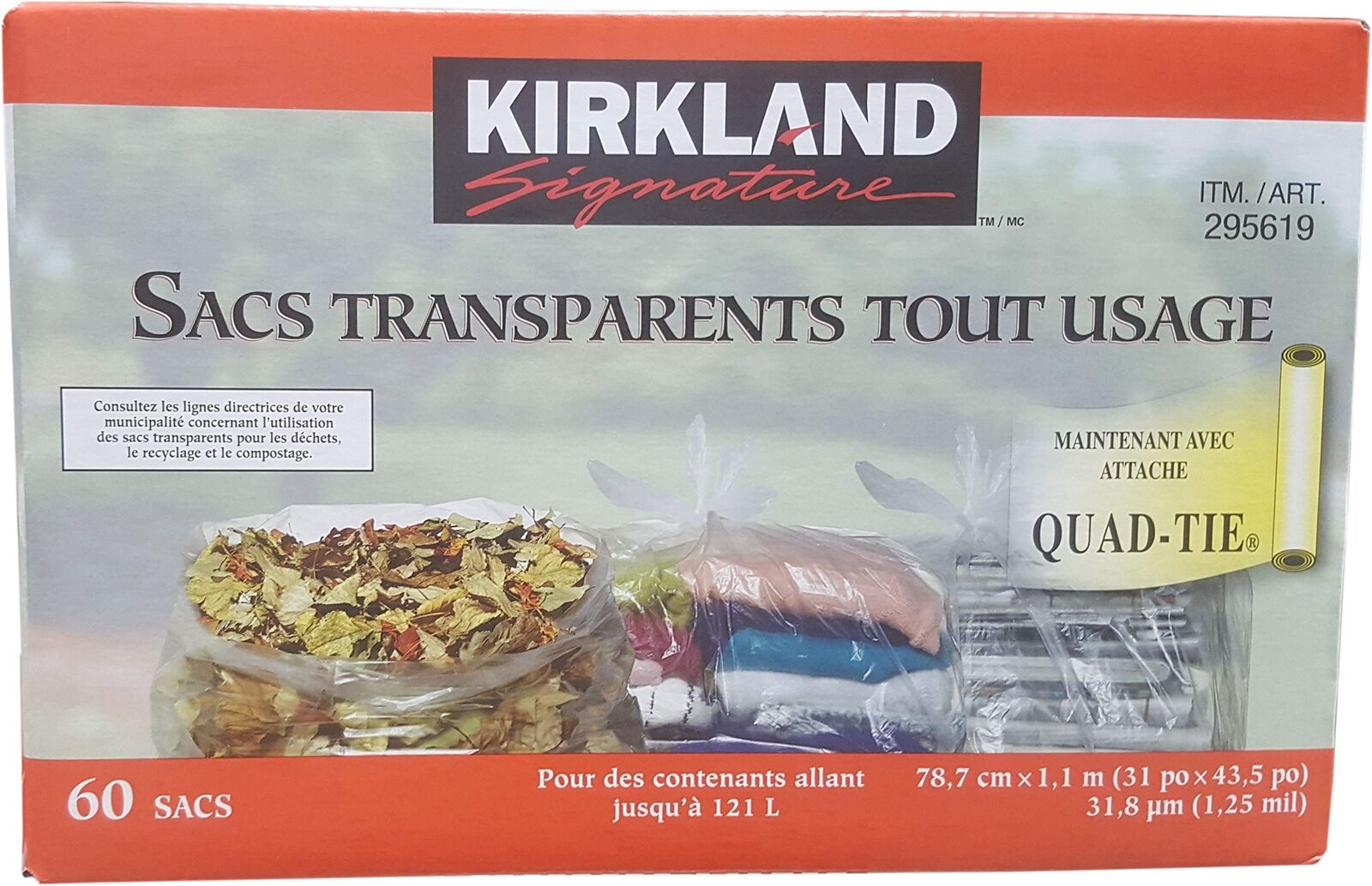 KIRKLAND SIGNATURE CLEAR TRASH BAG PACK OF 60 31